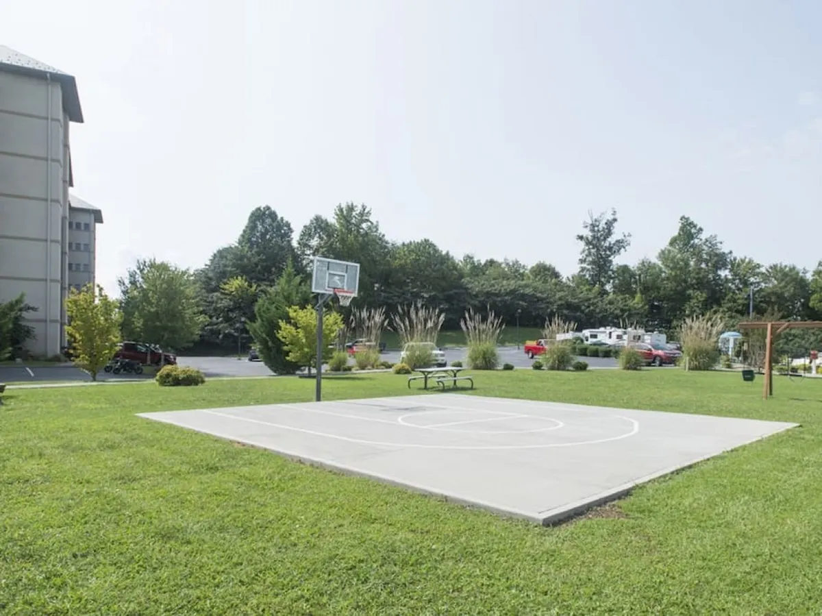 An energetic exterior shot of a basketball hoop and concrete court set amid a green lawn and trees. The scene invites friendly games and showcases additional recreation options available at the resort.