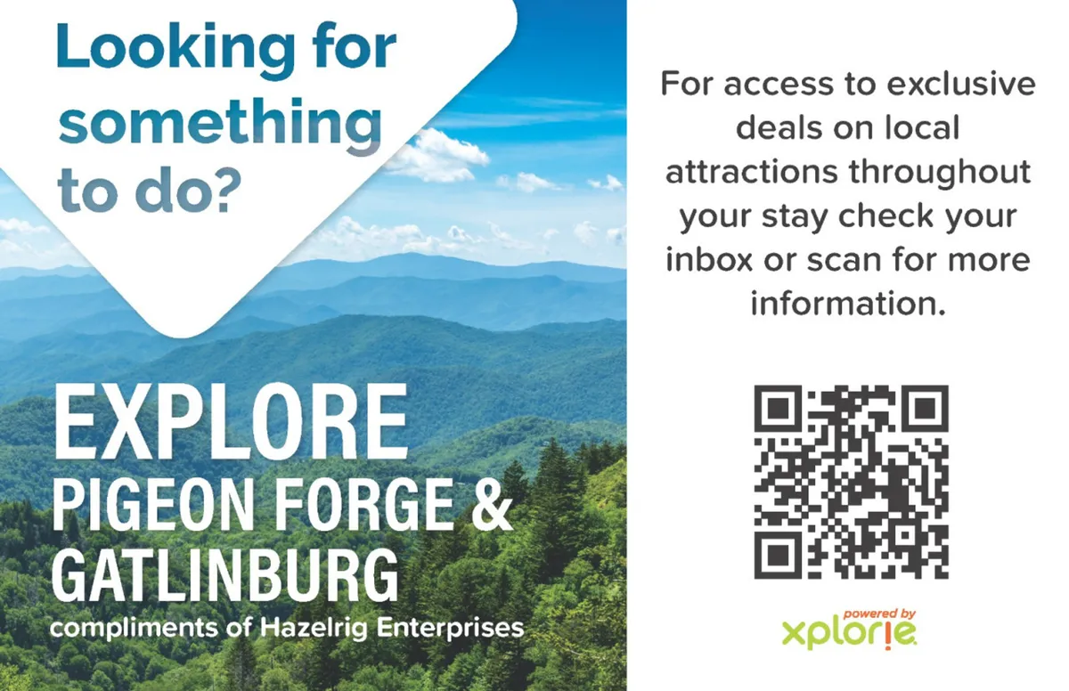 A sweeping view of a mountain range, sky, and a lush forested area. The scene is open and exploratory, evoking a sense of adventure and a connection to the natural beauty surrounding Pigeon Forge.